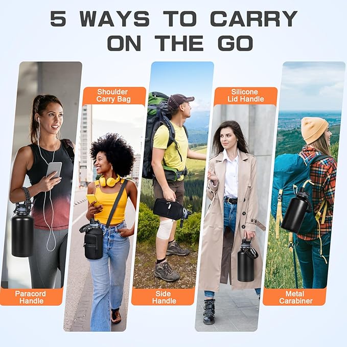 Insulated Water Bottle 64 oz, Half Gallon Water Jug Cold 48H, BPA Free Stainless Steel Bottles with Straw/Chug 2-in-1 Lid, Bag, Paracord Handle, Silicone Boot, Sports Gym School Metal Flask