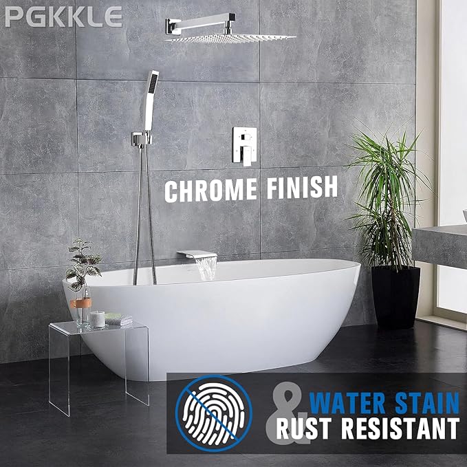 12 Inch Rainfall Shower System with Tub Spout Wall Mounted Complete Combo with Solid Brass Pressure Balancing Valve, High Pressure Shower Head, Handle Set & Installation Accessories Chrome