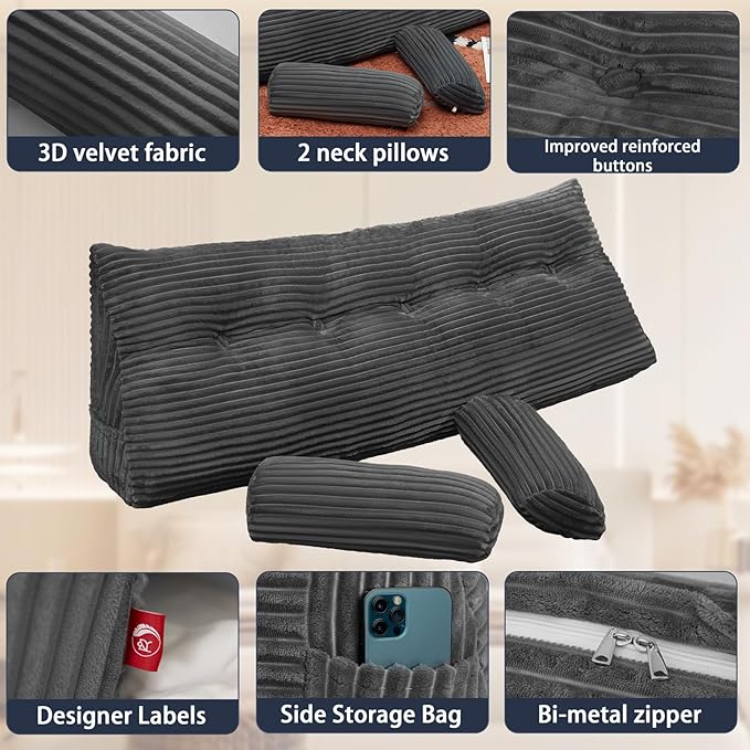 Headboard Wedge Pillow with 2 Pack Neck Roll Pillow Large Headboard Pillow King Wedge Pillow Headboard Soft and Supportive Bed Rest Reading Pillows for Sitting in Bed with Removable Cover