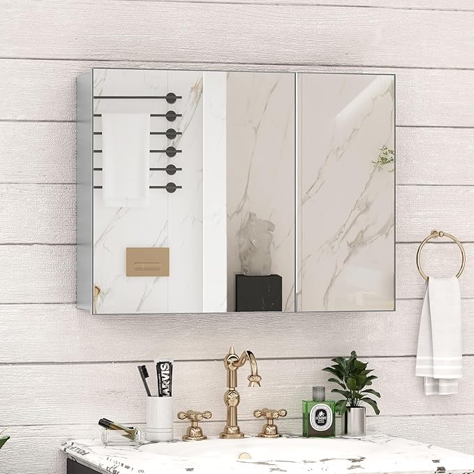 32 x 24 Farmhouse Medicine Cabinet, Tempered Frameless Bathroom Mirror with Storage, Silver Recessed or Surface Mount Aluminum Medicine Cabinet for Bathroom Modern