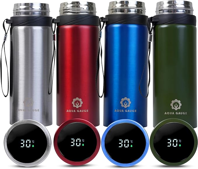 Stainless Steel Thermal Bottle, 600 mL, Digital Temperature Display, 4 Colors (Blue)