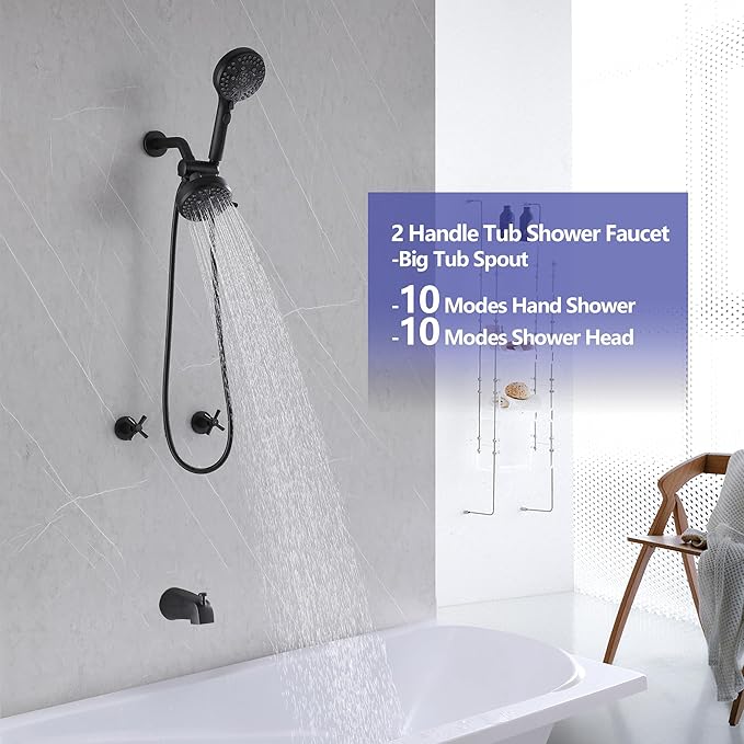 2 Handle Shower Faucet Set with Tub Spout Bathtub Shower Faucet, Tub and Shower Trim Kit Matte Black Wall Mounted
