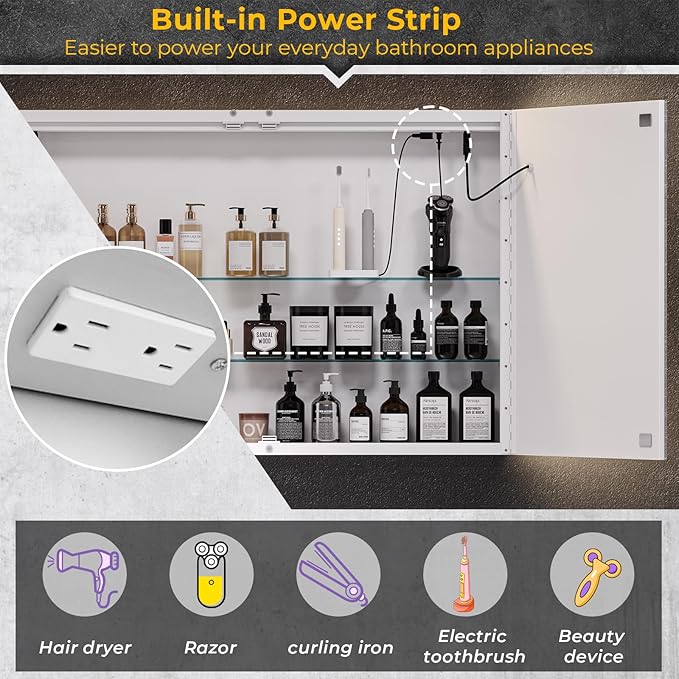 Hasuit Lighted Medicine Cabinet with Mirror, Wall Mounted Bathroom Mirror with Storage, 2 Doors Bathroom Wall Cabinet with LED Lights, 31.5'' x 23.6''