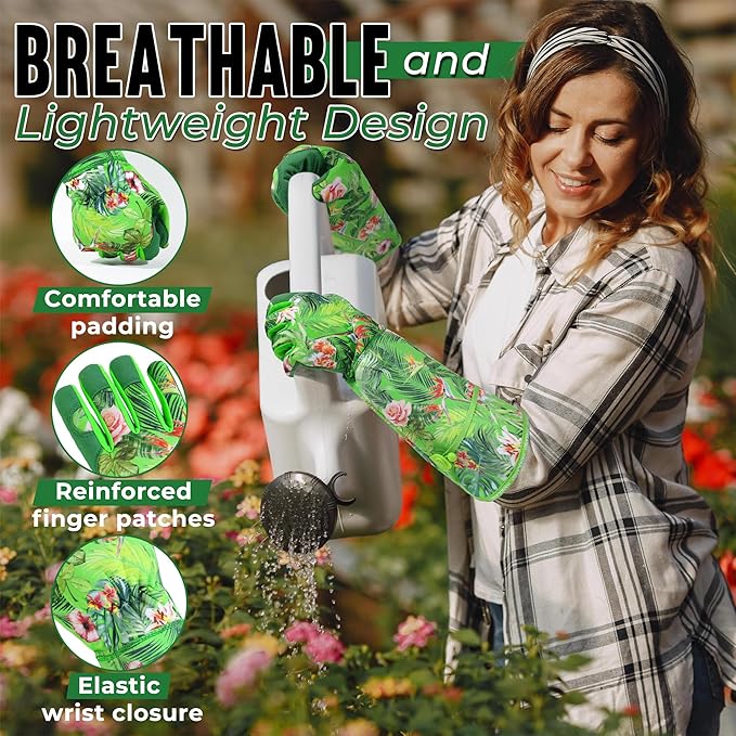 HANDLANDY Women Gardening Gloves, Scratch Resistant Breathable Ladies Rose Pruning Long Gauntlet Floral Print Garden Yard Gloves, Gift for Gardeners (Green, S)