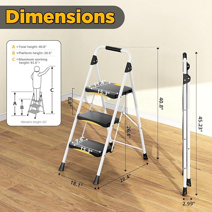 3 Step Ladder, Folding Steel Step Stool with Safety Lock, Anti-Slip Wide Pedals, Pass 800lbs Load Testing, Handrail, Heavy Duty Portable Ladder for Multi-Purpose, Indoor, Office, Kitchen