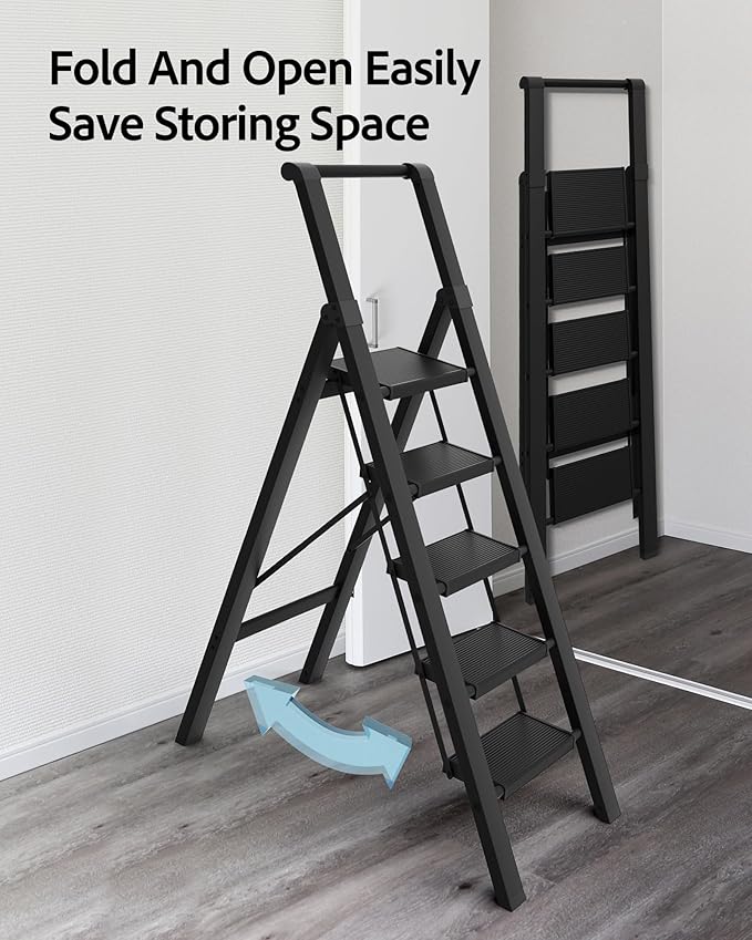 5 Step Ladder, Lightweight Folding Step Stool with Convenient Handgrip,Aluminum 330lbs Capacity Step Ladder for Office,Household,Kitchen(Black)