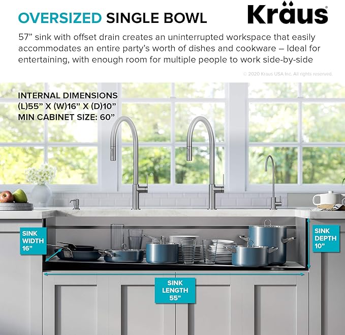 KRAUS Kore 57-inch Undermount Workstation 16 Gauge Single Bowl Stainless Steel Kitchen Sink with 10 Accessories, KWU210-57