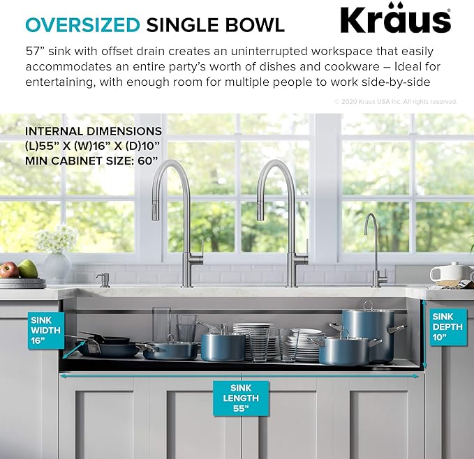 Kraus KWU210-57 Kore 2-Tier Workstation Undermount 16 Gauge Stainless Steel Single Bowl Kitchen Sink with 10 Piece Chef’s Kit of Accessories, 57 inch