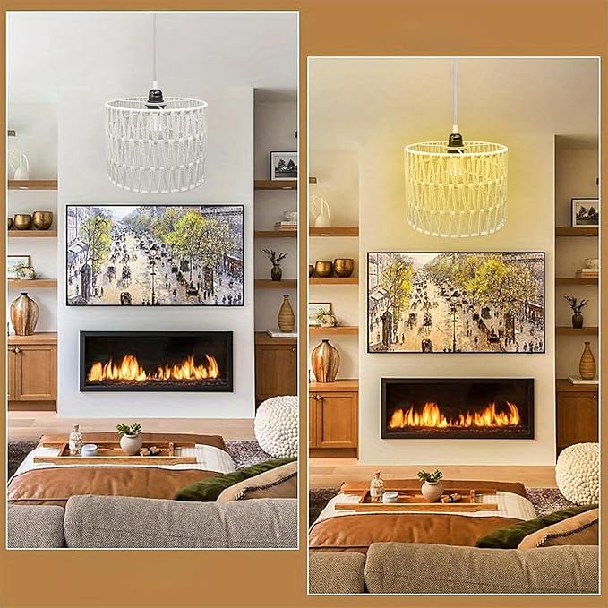 Hanging Lamp Plug in Rattan Hanging Lights with Plug in Cord, Woven Pendant Light with Smart RGB Bulb and Remote Control for Bedroom Living Room Farmhouse Kitchen (White, Barrel Shade)