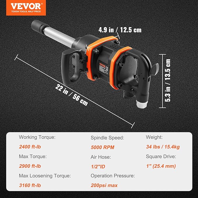 VEVOR 1 Inch Air Impact Wrench, Up to 3160 ft-lbs High Reverse Torque Output 1" Pneumatic Impact Gun w/ 8 Inch Extended Anvil & Carrying Case for Heavy Duty Repairs and Maintenance