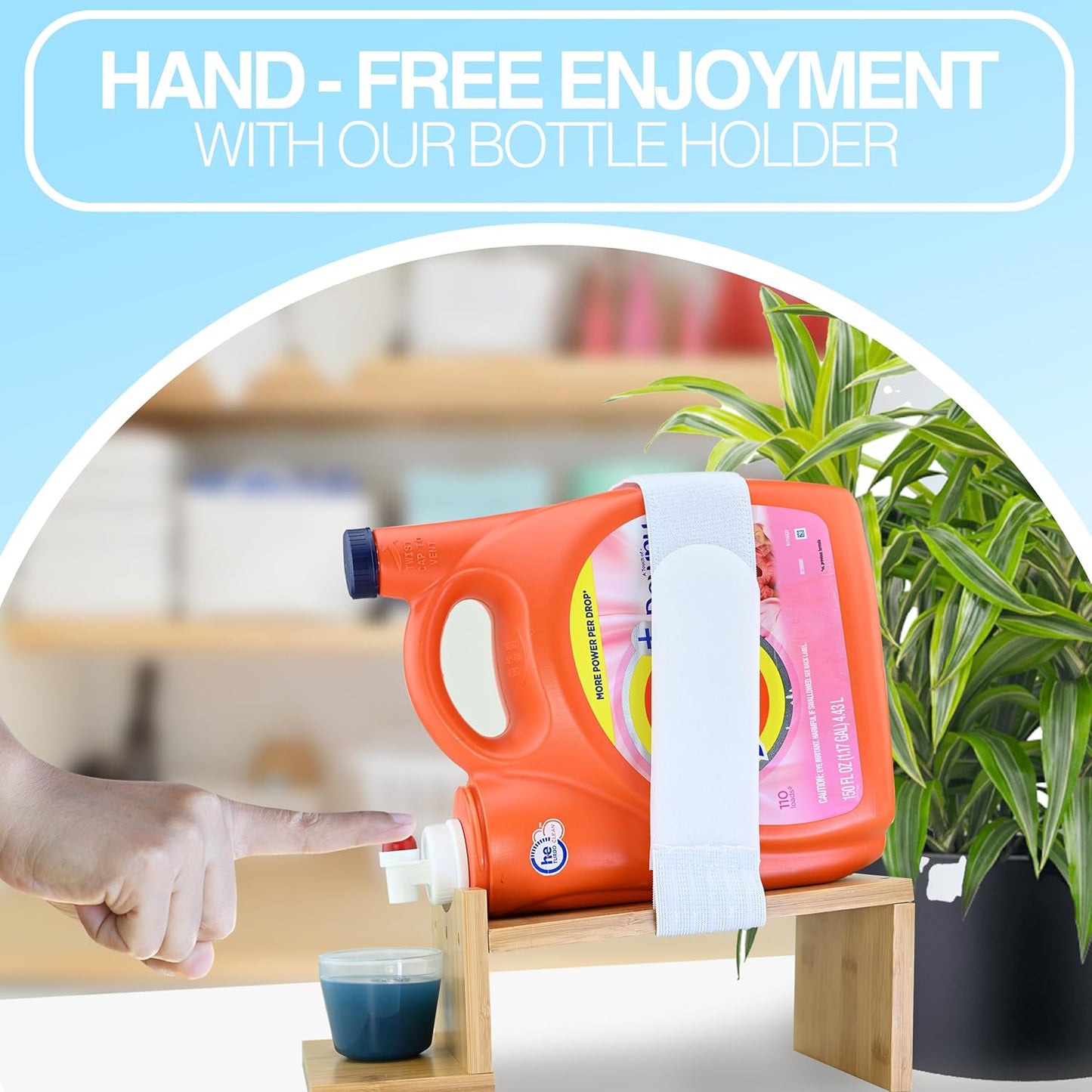 TidyFriend Laundry Detergent Dispenser with Tray & Strap, Laundry Soap Dispenser with Non-Slip Rubber Feet for Washing Room Organization, Easy Pour (Wood)