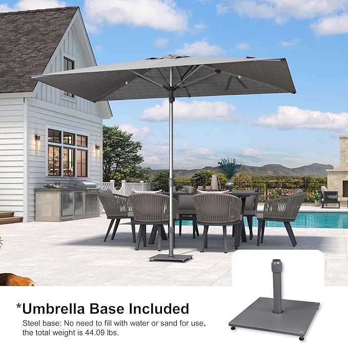 PURPLE LEAF 6 X 10 FT Semi-Auto Outdoor Patio Umbrella with Base Market Table Sun Umbrellas with 6 Aluminum Sturdy Ribs for Backyard Deck Garden Pool (Silver Pole Gray Canopy)