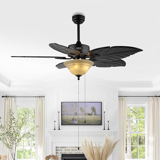 JONATHAN Y JYL9720A Poinciana 52" 3-Light Coastal Bohemian Iron/Wood Palm Leaf LED Ceiling Fan with Pull Chain Rustic, Eclectic, Transitional, Office, Living Room, Dining Room, Bedroom, Black
