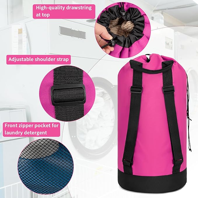 Laundry Bag Backpack with Shoulder Straps and Mesh Pocket Foldable Laundry Hamper for College, Apartment, Laundromat (Pink)