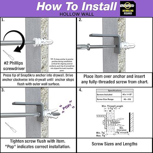 TOGGLER SnapSkru SP Self-Drilling Drywall Anchor for Hollow Wall Application, Glass-Filled Nylon, Made in US, for #6 to #10 Fastener Sizes (4 Pack w/Screws)