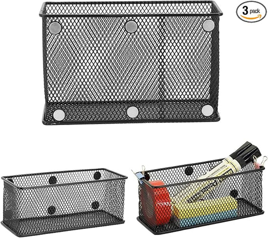 Neudeco Locker Shelf Organizer, Magnetic Pencil Holder, Metal Storage Basket for Whiteboard, Refrigerator, Ideal Cabinet for School, Black (Pack 3M)