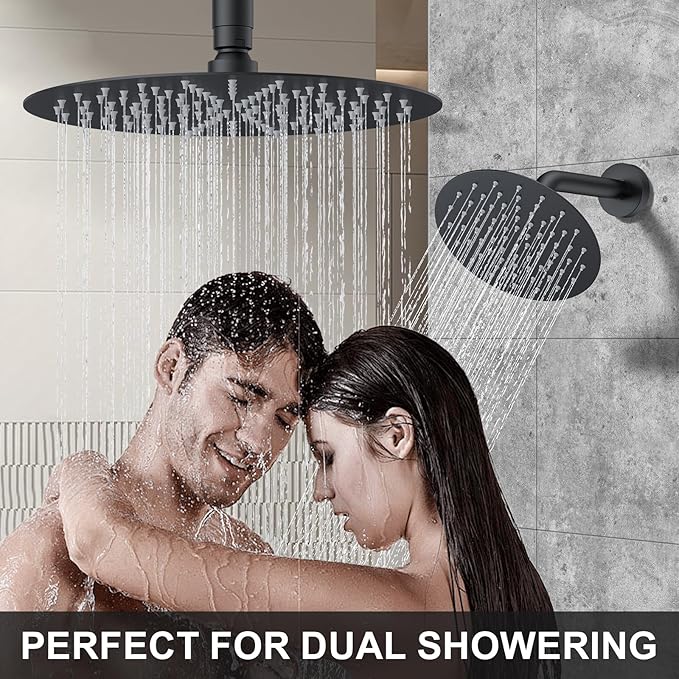 KOJOX Matte Black Thermostatic Shower System, Push Button Diverter Shower Faucet Set with 12" Ceiling Mount Rain Shower, 8" Wall Mount Shower Head, and 3-in-1 Handheld Spray