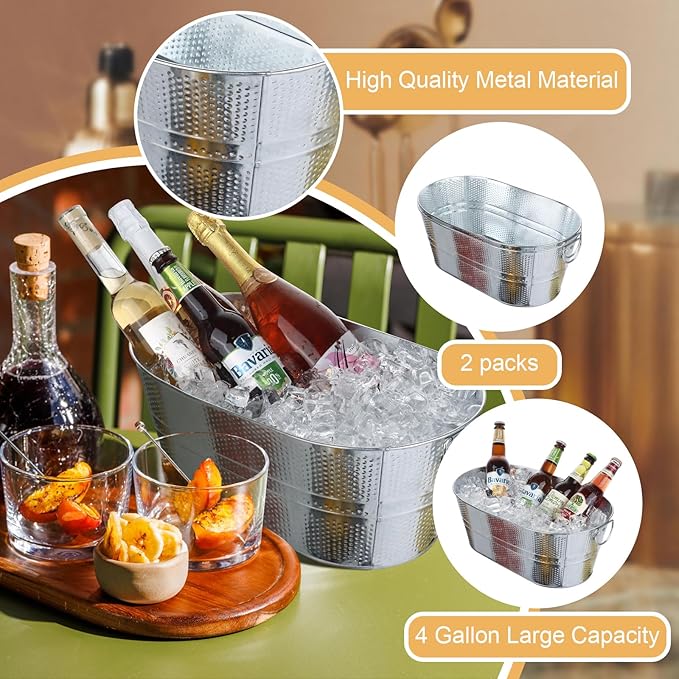 Galvanized Tub Beverage Tubs, 3pcs Dot Metal Ice Buckets for Cocktail Bar 3 Gallon Wine Beer Drink Buckets with Handles Large Tin Tub Cooler Mimosa Bar Supplies Ice Bucket for Parties