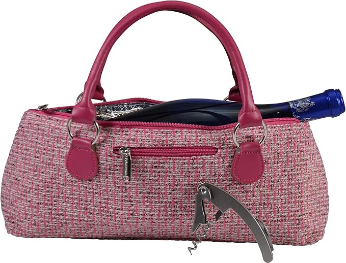 Wine Clutch Bag (Thermal Insulated) Trendy Women’s Carry Tote | Holds Red & White 750mL Bottles | Trendy Fashion | Incl. Portable Waiter-Style Corkscrew (Pink Tweed)