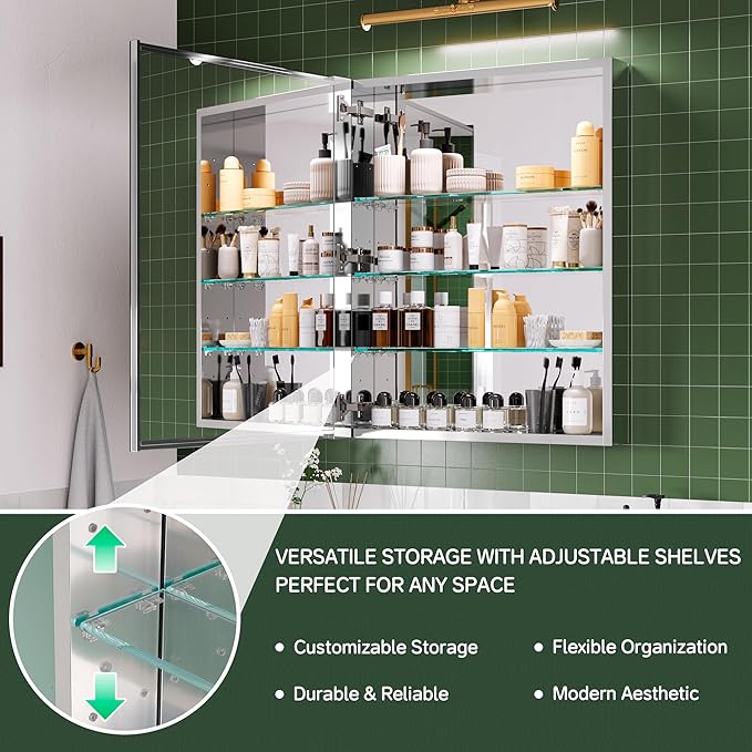 24''×30'' Bathroom Storage Cabinet with Mirror, Medicine Cabinet for Storage, Recessed/Surface Mount, Blum Hinge Soft Close Door, Left Swing