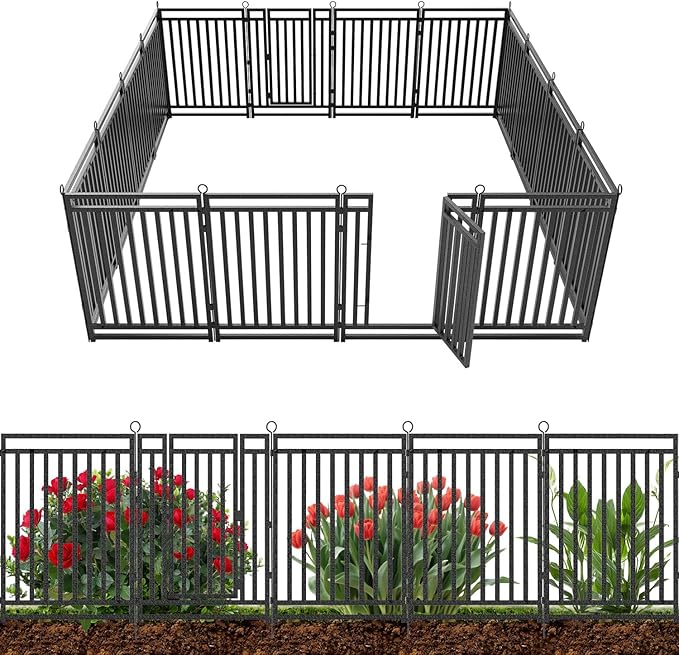 Decorative Garden Fence Metal Dog Fence Outdoor for Yard, 36ft (L) × 40in (H), 14 Panels + 2 Gates, Rustproof Animal Barrier Fencing for Patio & Flower Bed, No Dig, Black-Silver