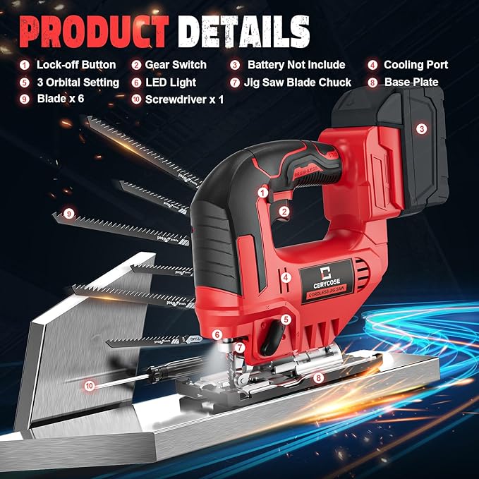 Jigsaw Compatible With Milwaukee 18V, Cordless jigsaw tool, Brushless Motor, 0°- 45° Bevel Cuts, LED Light with 3 Position Orbital Setting for Straight/Curve/Bevel/Circle Cutting (NO Battery)