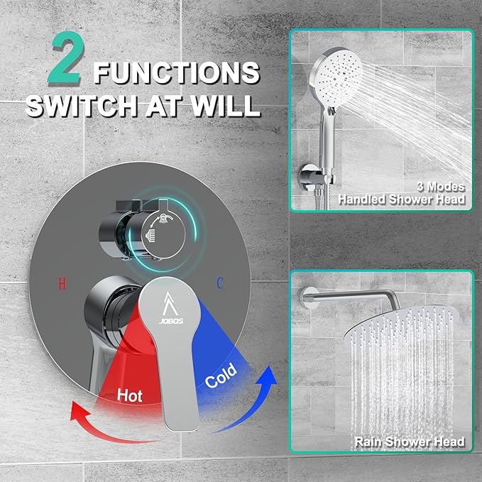 Shower Faucet Set 12IN Brass Rough-In Valve Body Trim Kit Rainfall Included Handle Accessories Complete 2 Functions with Rain Head and Handheld Bathroom Systems (12'', Chrome Polished)