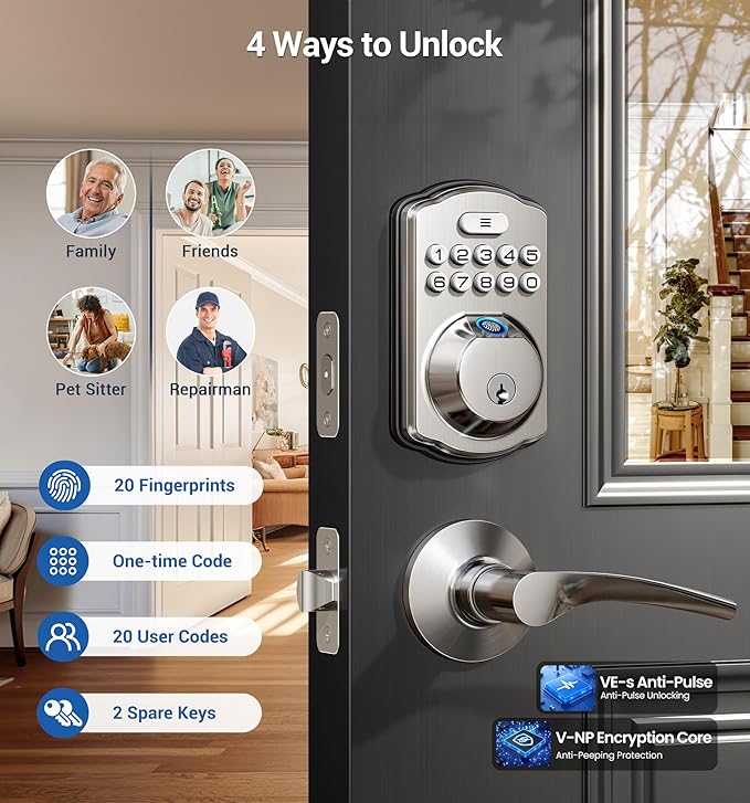 Veise Fingerprint Door Lock with 2 Lever Handles - Keyless Entry Door Lock, Electronic Keypad Deadbolt, Digital Smart Code & Front Handle Sets, Auto-Locking, Easy Installation, Satin Nickel