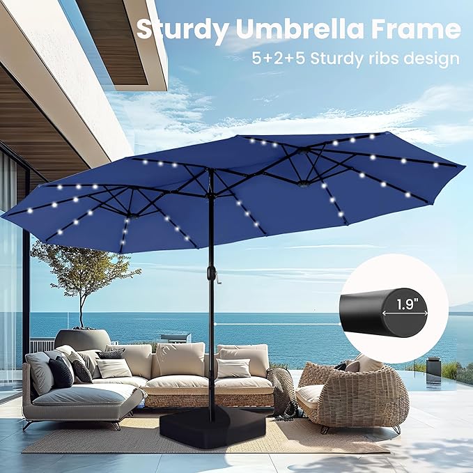 PHI VILLA 15ft Large Patio Umbrella with Solar Lights, Double-Sided Outdoor Market Rectangle Umbrellas with 36 LED Lights, Umbrella Base (Stand) Included, Haze Blue