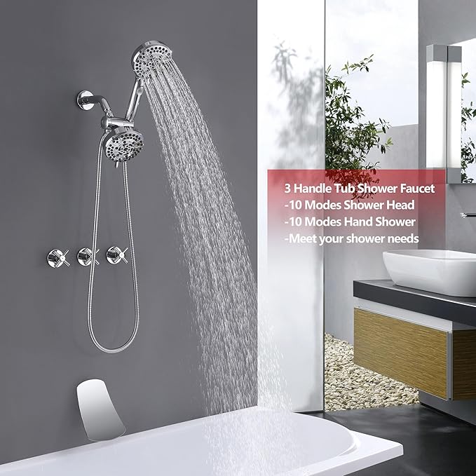 3 Handle Tub Shower Faucet Bathtub Faucet Set with Waterfall Tub Spout, Rough-in Valve Included Chrome