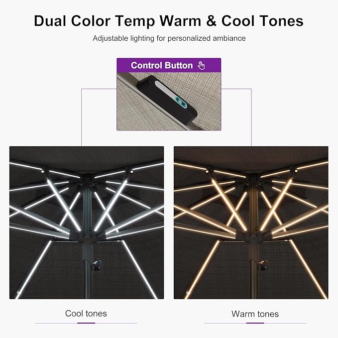 PURPLE LEAF 10 FT Semi-Auto Outdoor Patio Umbrella with Base Market Table Sun Umbrellas with Led Lights and 8 Aluminum Sturdy Ribs for Backyard Deck Garden Pool(Gray Pole Gray Canopy)