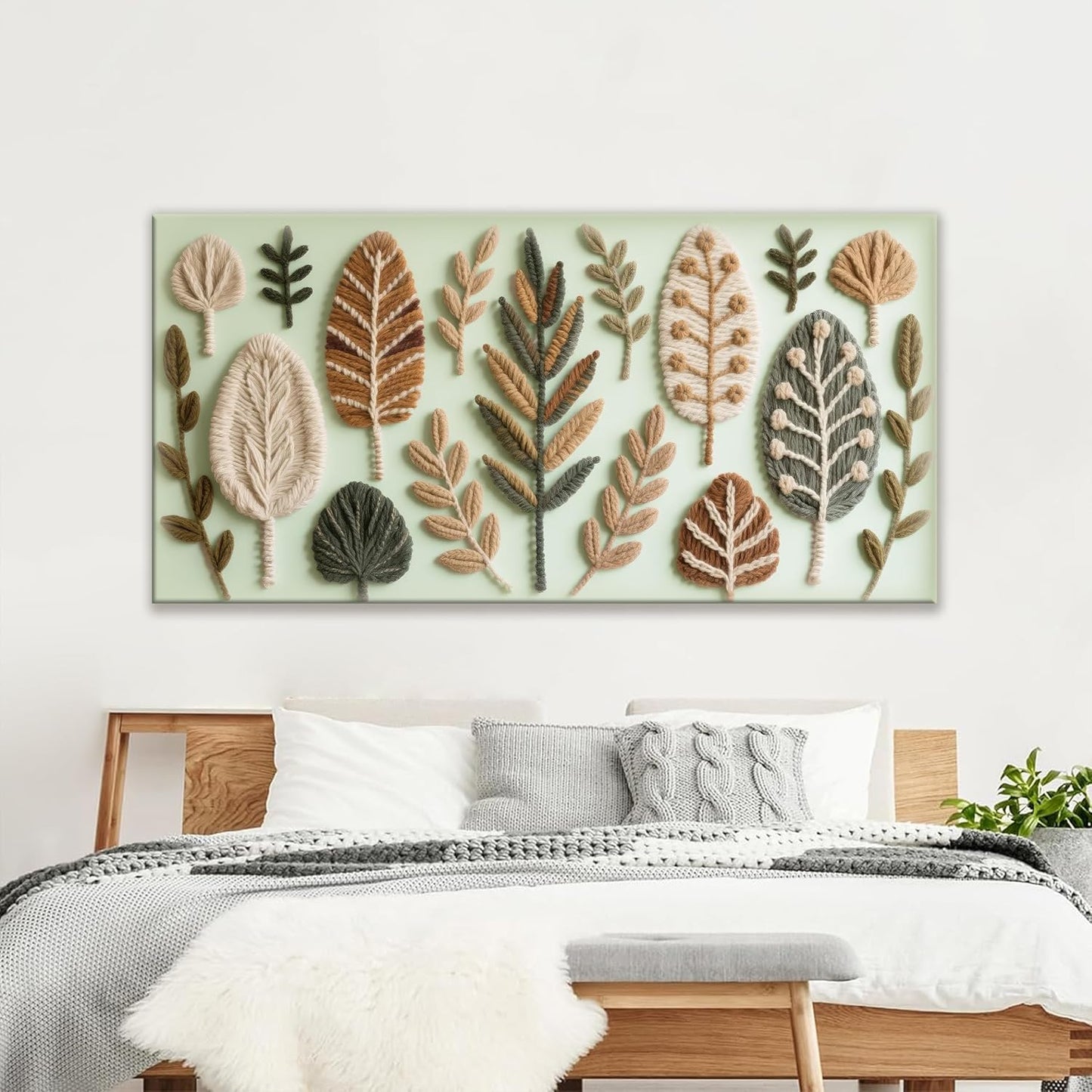 Large Boho Wall Art For Living Room Chic Home Green Wall Art Modern Multicolor Print Paintings Leaves Feather Canvas Wall Art Decor Picture For Bedroom Apartment Kitchen Ready To Hang 29"W X 58"L
