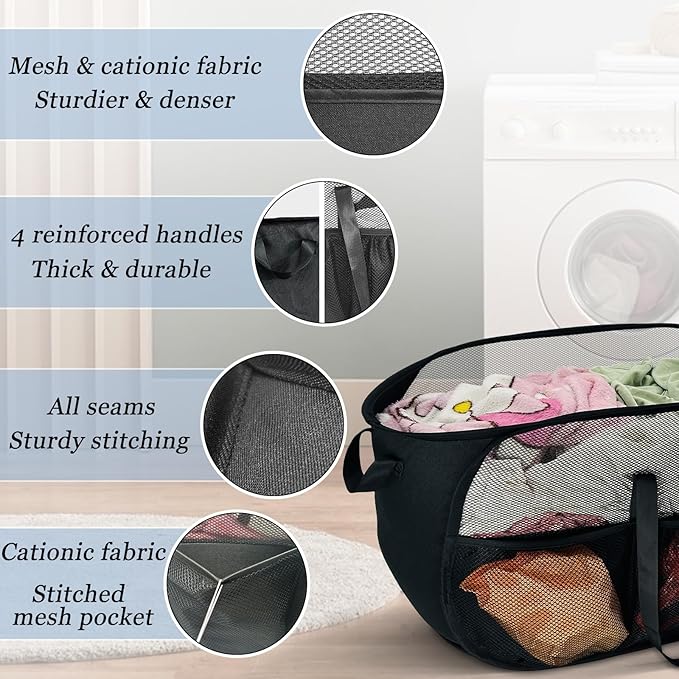 100L Extra Large Mesh Pop Up Hamper with Handles and bag,Upgraded Cationic XL Collapsible Laundry Baskets, Portable Stair Basket, Dirty Clothes Hamper for Cruise Travel Bedroom. Black