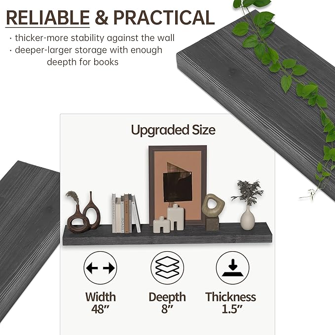 Floating Shelves for Wall, USA-Sourced Fir Wood 48 Inch Wall Shelves Set of 1, Natural Rustic Solid Wooden Floating Shelves Wall Mounted, Nursery Book Storage Shelf, Display Shelf for Bathroom