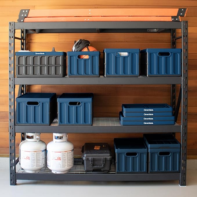 CleverMade Collapsible Storage Bins - Stone 3 Pack 62L / 16 Gal holds 100 lbs - Stackable Containers Heavy Duty Capacity Crates Space-Saving