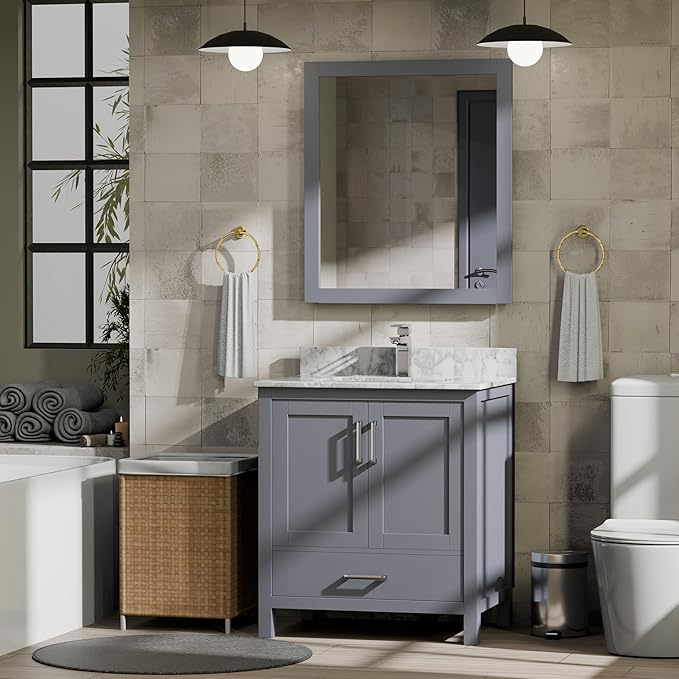 Big Sur 30 in. W x 22 in. D Dark Grey Bath Vanity and Carrara Marble Top