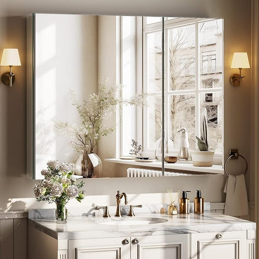 Bathroom Medicine Cabinet with Mirror, 30 Inch x 24 Inch Bathroom Mirror Cabinet with Single Door & Adjustable Shelves, Surface Mount or Recess Installation