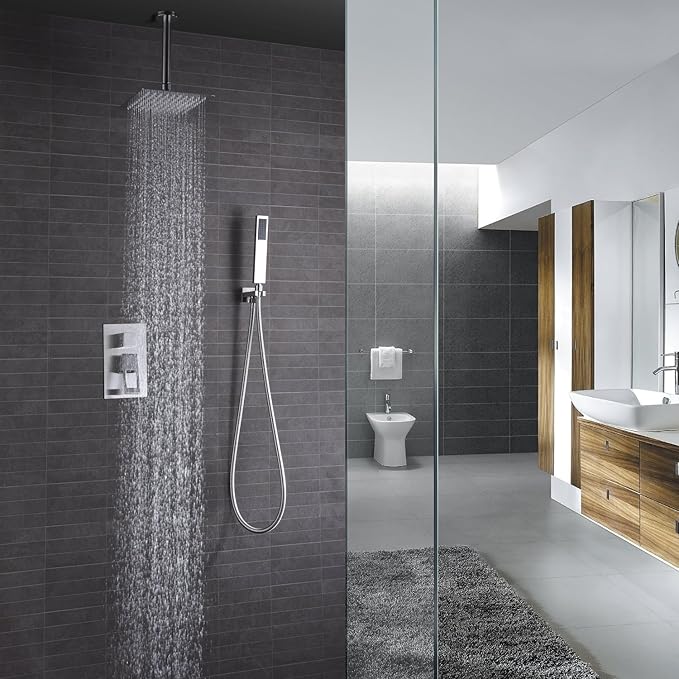 sumerain Shower System Brushed Nickel, Ceiling Mount Shower Faucet with Rough-in Valve, 8 Inches High Pressure Rain Shower Head