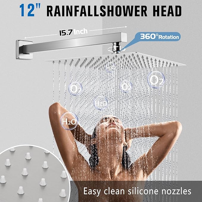 12 Inch Rainfall Shower System - Wall Mounted Complete Combo with Solid Brass Pressure Balancing Valve, High Pressure Shower Head, Handle Set & Installation Accessories Nickel