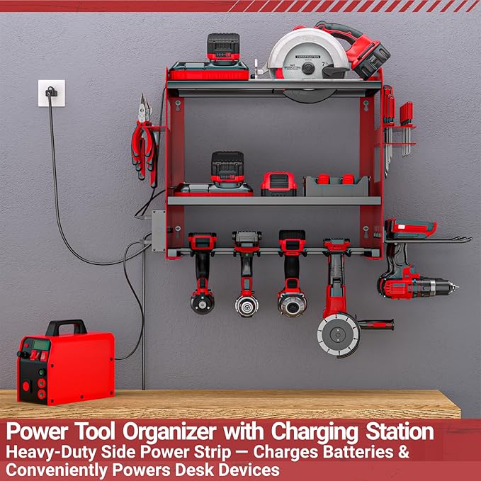 YYR Power Tool Organizer Wall Mount with Charging Station, Cordless Tools Hanger and Battery Storage Rack for Garage Organization, Heavy Duty Drill Holder Shelf Build in Metal Power Strip - Red