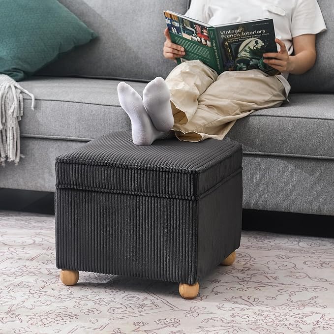 Adeco 17 Inch High Striped Flannel Black Cube Ottoman Storage, 3D Embossed Velvet Chair Foot Stools, Upholstered Vanity Stool with Hinged Lid, Solid Round Wood Legs