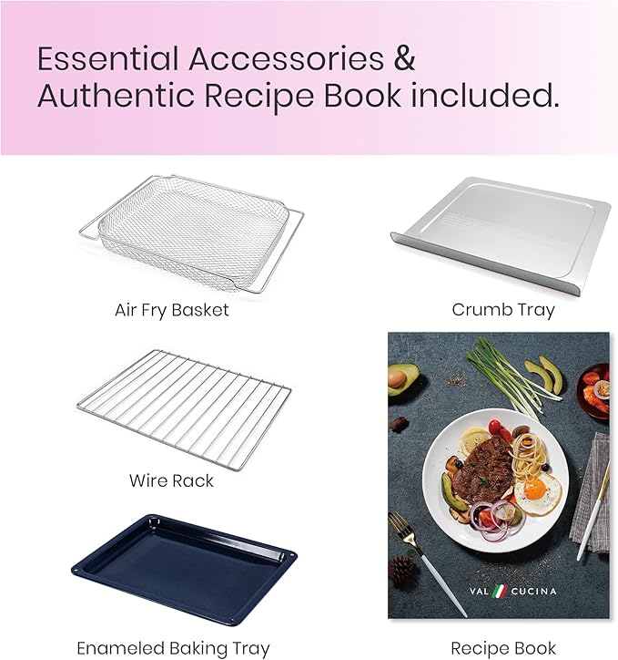 VAL CUCINA Retro Style Infrared Heating Air Fryer Toaster Oven, Extra Large Countertop Convection Oven 10-in-1 Combo, 6-Slice Toast, Enamel Baking Pan Easy Clean with Recipe Book, Classic Pink Color