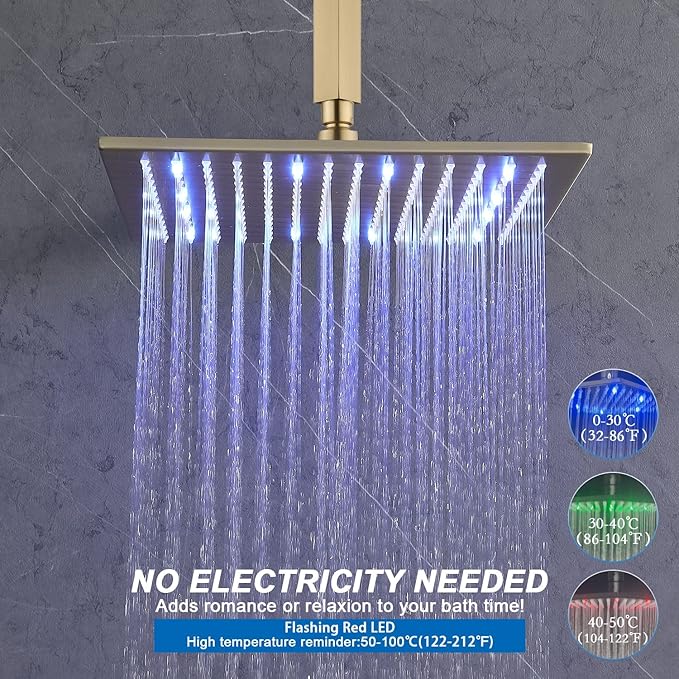 Enga Brushed Gold Shower Jets System, 16 Inch LED Rainfall Shower Faucet Set Body Spray with On-off Switch, Thermostatic Shower System Work At the Same Time