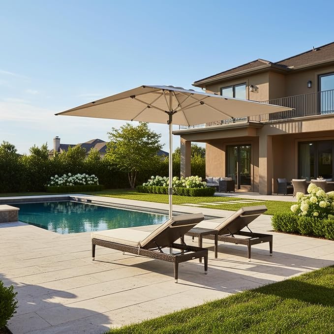 PURPLE LEAF 6 X 10 FT Semi-Auto Outdoor Patio Umbrella Market Table Sun Umbrellas with 6 Aluminum Sturdy Ribs for Backyard Deck Garden Pool (Silver Pole Beige Canopy)