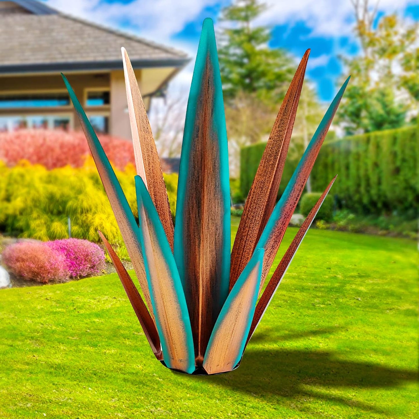 Large Tequila Rustic Sculpture, Agave Plants for Outdoor Patio, Home Decor Hand Painted Metal Garden Statue, Lawn Ornaments Yard Stakes (Blue - L)