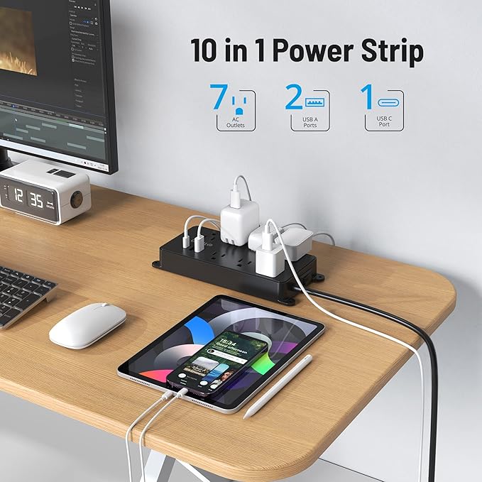 TROND Surge Protector Power Strip, Flat Plug 15ft Long Extension Cord, 7 Widely-Spaced Outlets with 3 USB Ports, ETL Listed, 1700J, Wall Mountable, for Home Office Garage, Black