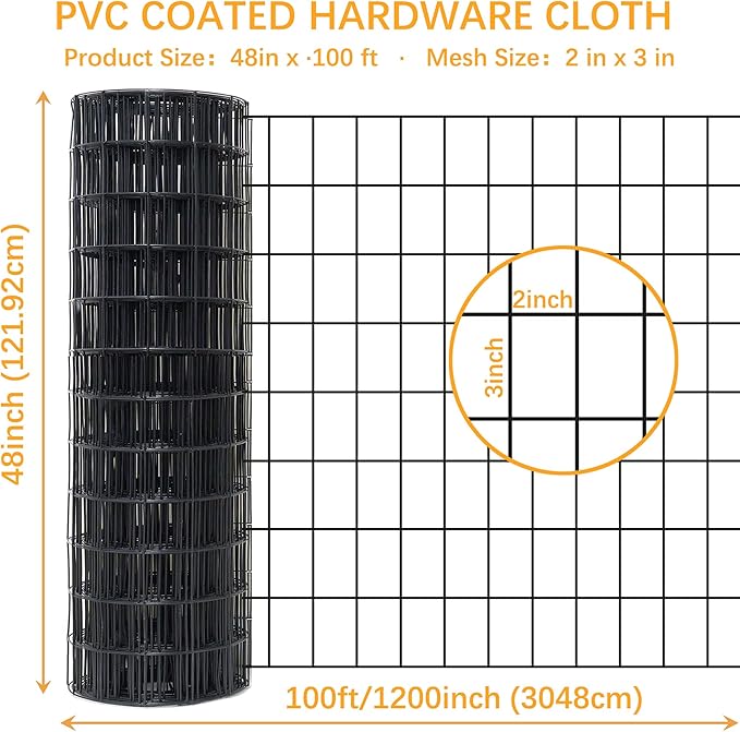 Black Metal Garden Fence, 48inch(H) x 100ft(L), 2 inch x 3 inch,14GA 2/3/4/5/6 Ft Tall Chicken Wire PVC Coated Welded Wire Mesh Roll for Dogs Border Yard Vegetable Plant Protection Poultry Netting