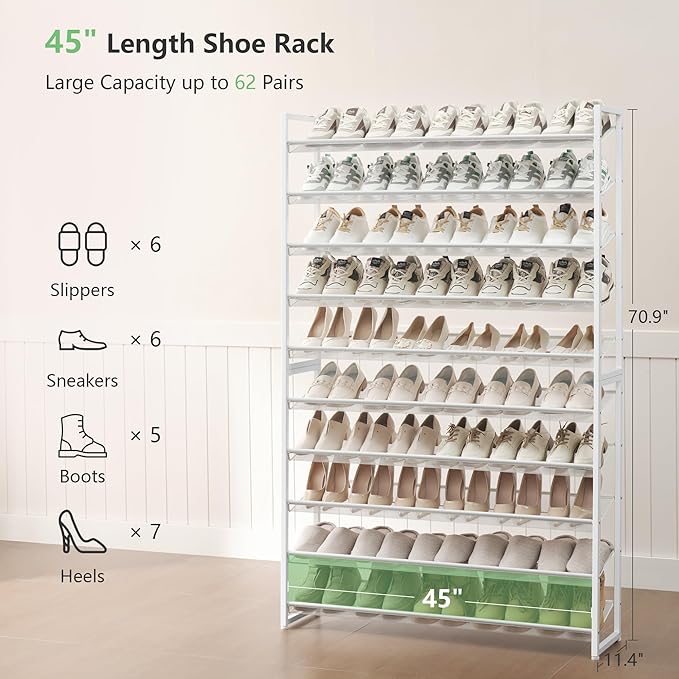 Shoe Rack, Long Shoe Organizer,Max Holds 62 Pairs,10 Tier Metal Shoe Storage Shelf,5-Tier Stackable Shoes Organizer for Garage, Entryway,White
