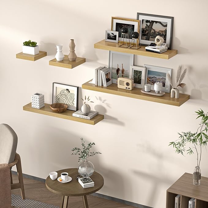 Square Floating Shelves for Wall, 10" W x 10" D x 1.2" H, Small Wooden Wall Mounted Display Shelves with Invisible Brackets for Living Room, Bedroom, Bathroom, Kitchen Decor, Set of 4, Oak