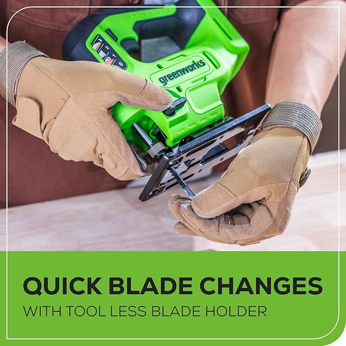 Greenworks 24V Brushless Cordless 1" Jig Saw (3,000 SPM / 4 Settings/Bevel 0°-45°/ LED Light), 1.5Ah Battery and Fast Charger Included